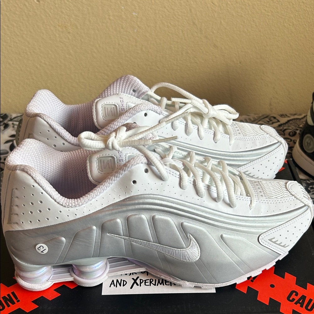 Men Nike White and Silver Athletic Shox Sneakers